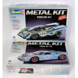 A Revell metal kit group, two examples, both 1/18 scale to build a Porsche 917 and Ford GT40, both