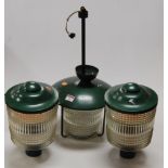 A modern green enamelled outside hanging lantern together with two matching wall lights (3)