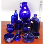 A collection of various Bristol Blue glassware, to include onion shaped bottle, goblets, slab-