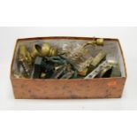 A box of miscellaneous items, to include gilt brass figural table candlestick, various glass prism