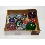 A box of modern paperweights, to include Millefiore and Perthshire examples