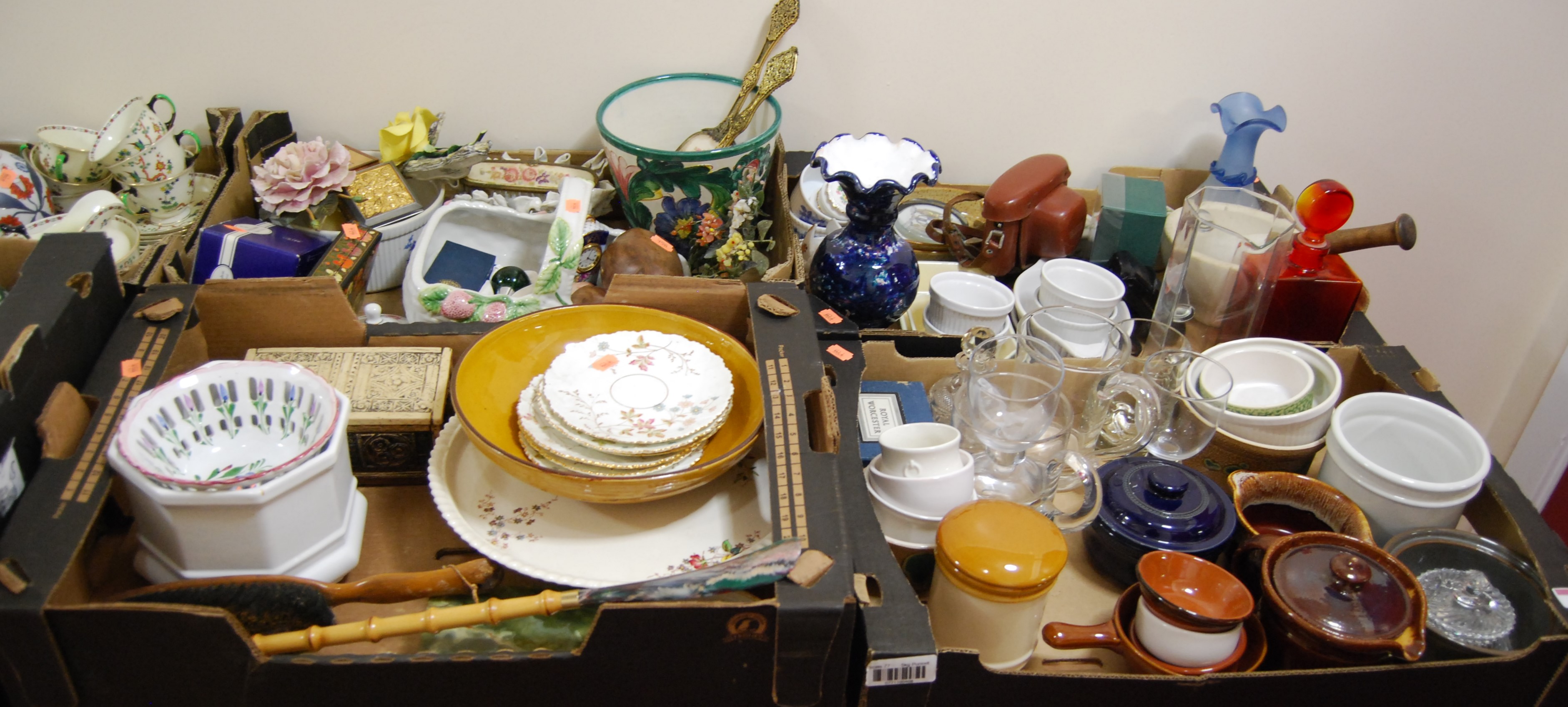Four boxes of mixed collectables, to include glassware, ceramics, dressing table accessories,