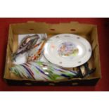 A box of miscellaneous china and glassware, to include Murano glass fish etc