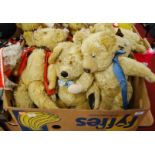Two boxes of assorted childrens soft toys to include Steiff Classic 1907 pink mohair bear, 2001