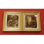 A pair of glass transfer interior scenes, each mounted in a gilt frame, each 24 x 20cm