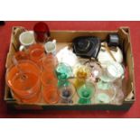 A box of miscellaneous china and glassware, to include Art Deco style wall pocket, 1950s lemonade