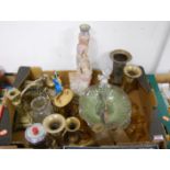 A box containing a quantity of metal ware, glassware, and ceramic figurines, to include an amber