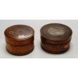 An early 20th century treen shirt collar and stud box, of cylindrical form, having pokerwork