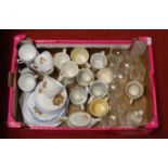 A box of miscellaneous china and glassware to include Duchess china 1937 Coronation teawares etc