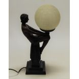 A reproduction Art Deco style table lamp in the form of a semi-nude seated lady with a crackle