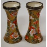 A pair of Edwardian vases, each of waisted cylindrical form on a gilt ground, hand painted with