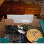 One box of mixed effects to include a part complete antique writing box, various glassware, mixed