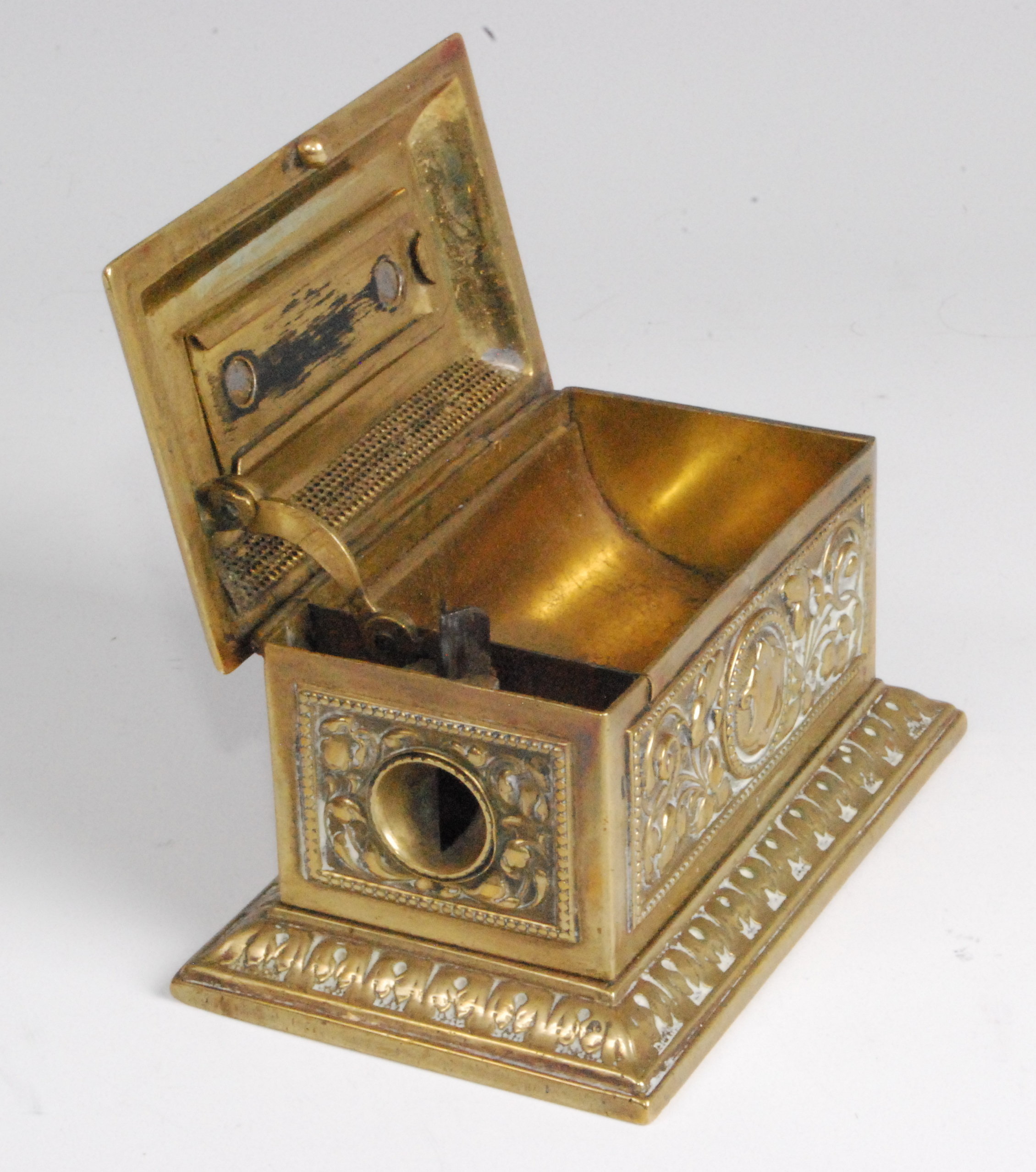 A Victorian brass table cigar box with integral cutter, of rectangular form, having all-over - Image 2 of 2
