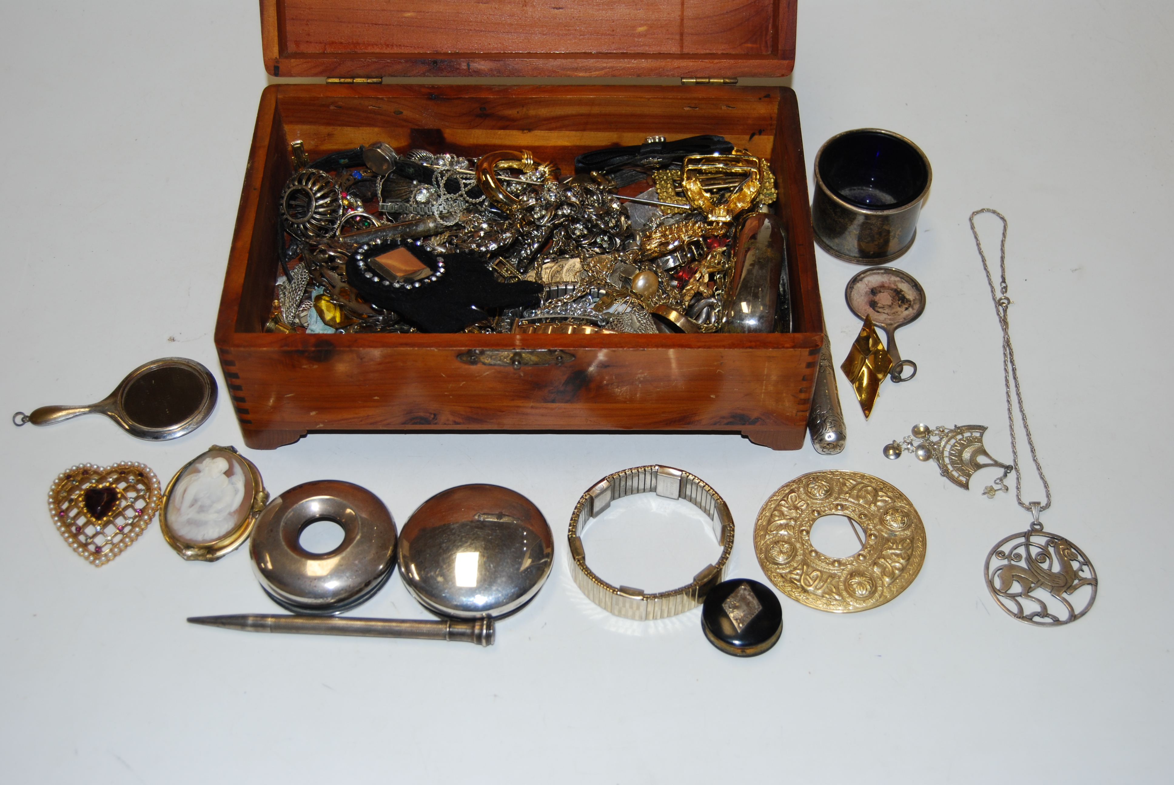 A pine box and contents, to include silver plated cigar case, silver backed miniature magnifying