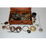 A pine box and contents, to include silver plated cigar case, silver backed miniature magnifying