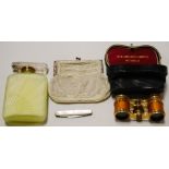 Mixed lot to include cased opera glasses, cut glass silver topped scent bottle mother-of-pearl