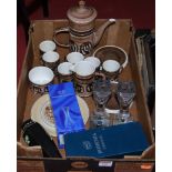 A box of mixed effects to include a Cinque Portis Pottery 6-place coffee set, pair of Czech Bohemian