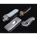 A mid-20th century silver guillotine pocket cigar cutter having engine turned decoration, maker SJ