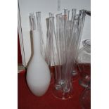 A set of three large contemporary clear glass five-stem vases, h.77cm; together with another over-