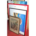 Two advertising prints, 19th century continental mezzotint, and a contemporary palette knife, oil on