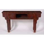 A Chinese softwood altar table, raised on square end supports, w.163cm, d.34cm, h.90cm