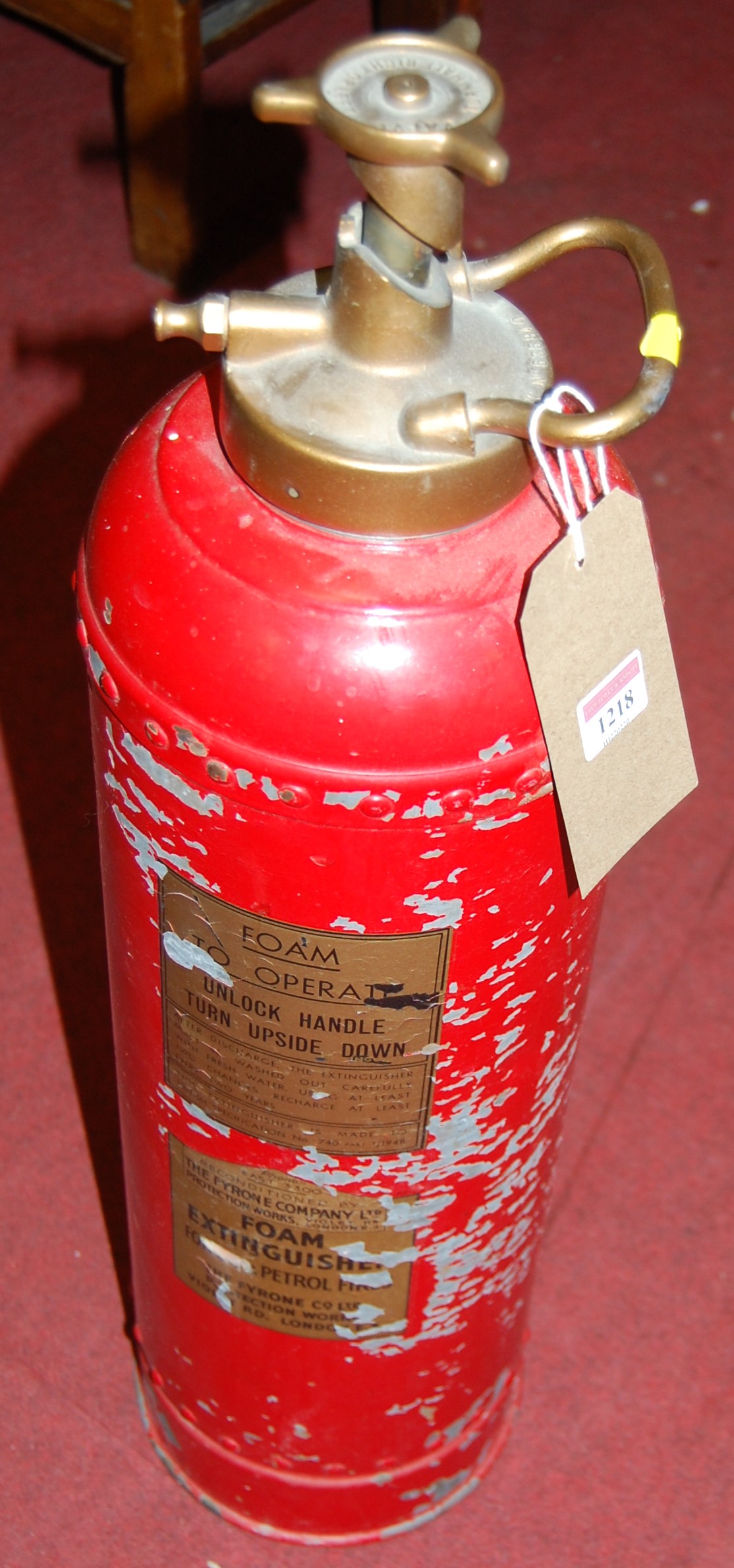 A mid-20th century painted galvanised metal fire extinguisher by 'The Fyrone Company Ltd, Violet