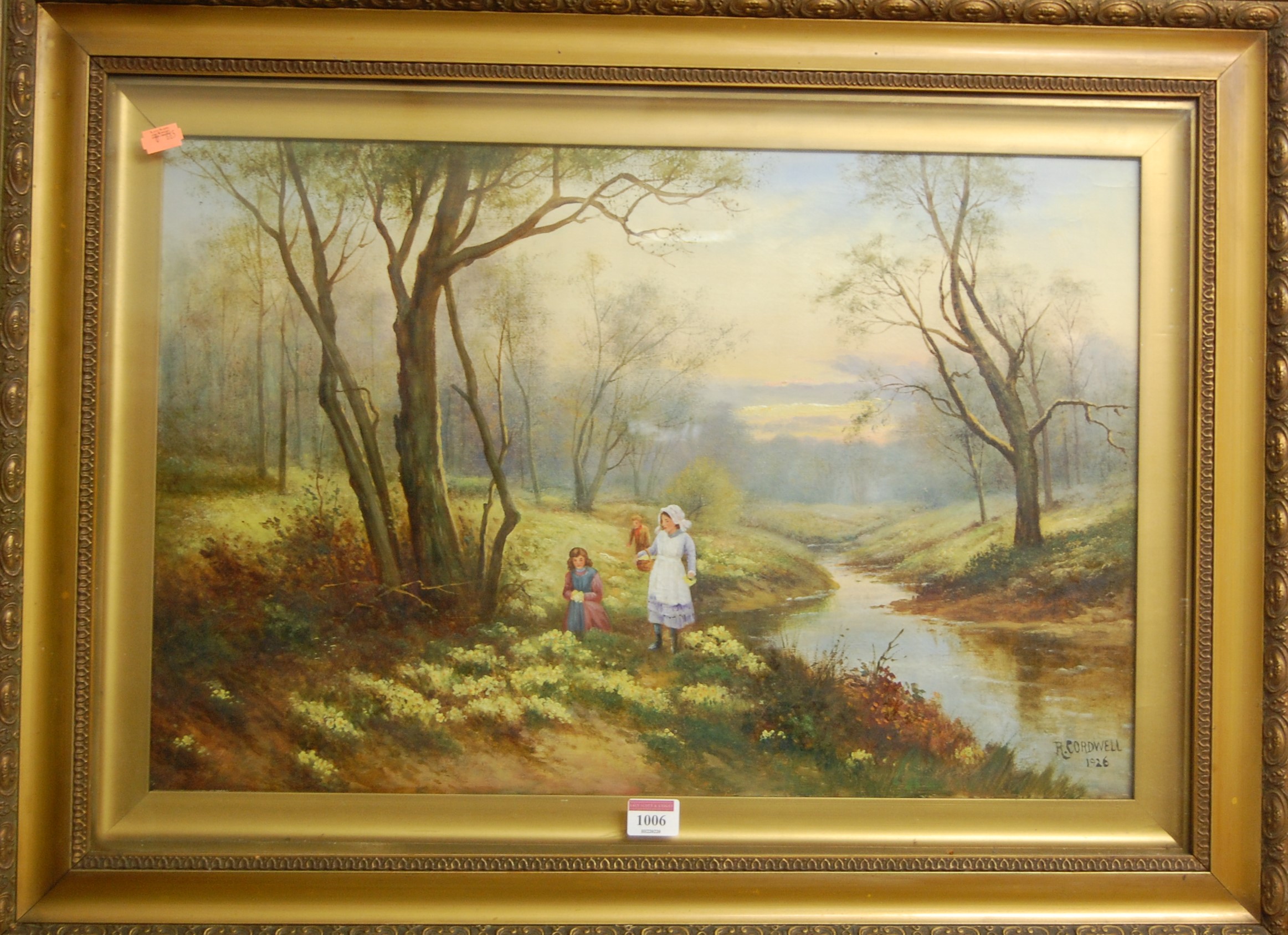 R. Caldwell - Flower-pickers on the riverbank, oil on canvas, signed and dated lower right, 40 x