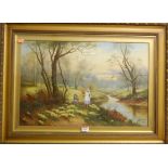 R. Caldwell - Flower-pickers on the riverbank, oil on canvas, signed and dated lower right, 40 x