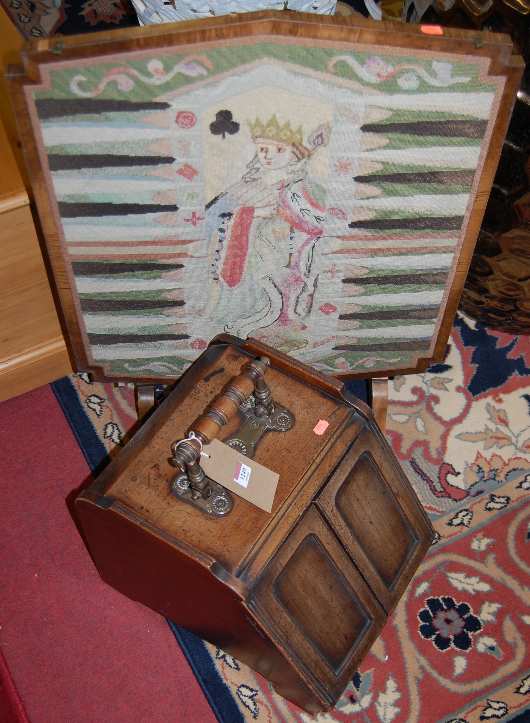 A late Victorian mahogany double door coal purdonium; together with a 1930s walnut and tapestry