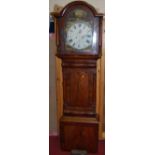 An early Victorian North Country mahogany and flame mahogany long case clock, having a painted