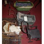 A childs white painted wicker tub conservatory chair; together with two dolls high-chairs (3)