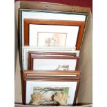 A box of assorted pictures and prints to include still life and topographical views