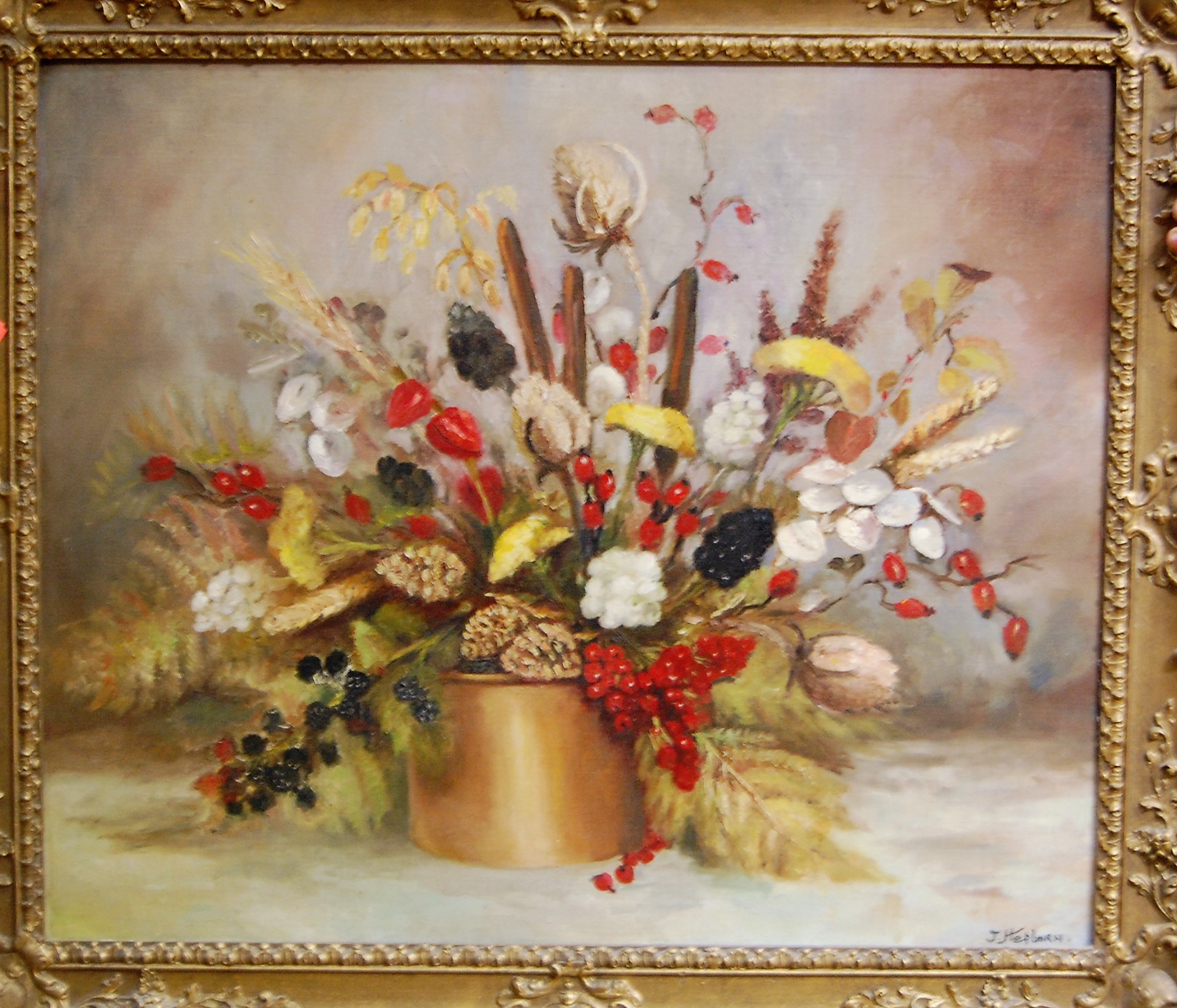 J Hepburn - Still life with wildflowers in a copper pot, oil on board, signed lower right, 50 x