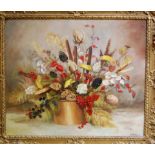 J Hepburn - Still life with wildflowers in a copper pot, oil on board, signed lower right, 50 x