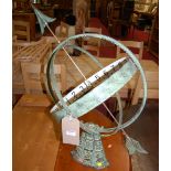 A contemporary verdigris patinated metal armillary sphere sundial, h.76cm