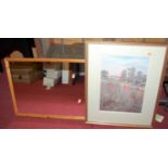 A pine framed mirror, Josette Chatten print, and a gilt framed print (3)