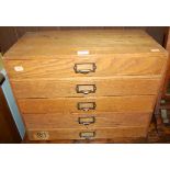 A 1930s oak table top bank of five index filing drawers, width 47.5cm