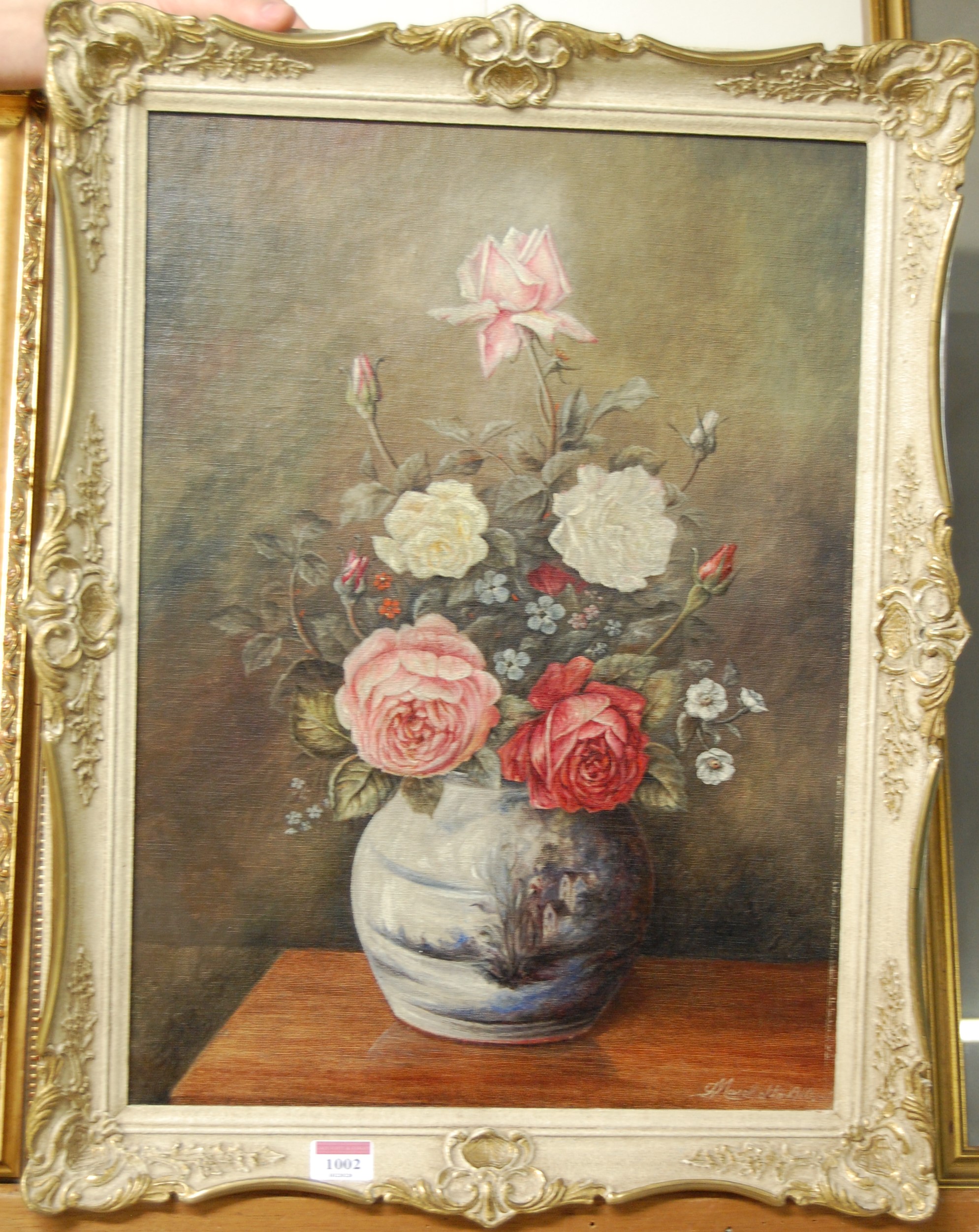 20th century school - Still life study with cabbage-roses in a stoneware vase, oil on canvas