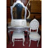 A contemporary French style floral silvered decorated mirror back dressing table, having single