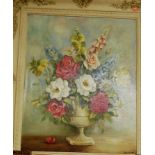 J Hepburn - Still life with cabbage-roses in a pedestal vase, oil on canvas laid on board, signed