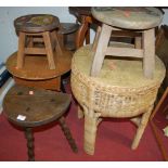 Assorted occasional furniture to include stools, work table, glazed hanging wall cabinet etc