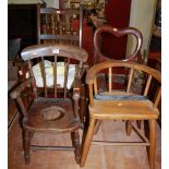 An early 20th century childs elm and rush seat Lancashire chair; together with two childs commode