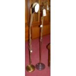 A contemporary brushed brass twin adjustable floor light; together with a brass column floor