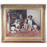 After John Emms (1843-1912) - Seven hounds in the dog house, oil on canvas, 76 x 97cm