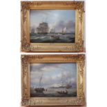 Thomas Luny (1759-1837) - Pair; Men o' War at anchor and Men o' War in full sail, oil on panels, one