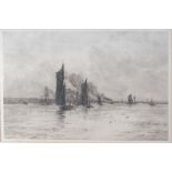 William Lionel Wyllie (1851-1931) - Sailing barges and tug boats on the estuary, etching, signed
