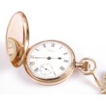 A Waltham gent's 9ct gold cased full hunter pocket watch, having signed white enamel dial with