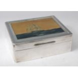 A George V silver table cigar box, the hinged cover with colour etching reproducing Frank Henry