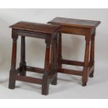 A circa 1700 oak joint stool, having a one-piece top, moulded frieze, and on turned supports