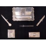 A large cased Indian silver desk set, comprising pen tray with integral inkstands, letter-opener,